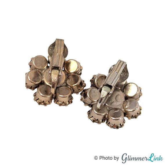 Vintage 1960s Brown Topaz Rhinestone Flower Cluster Clip On Earrings - Picture 7 of 9